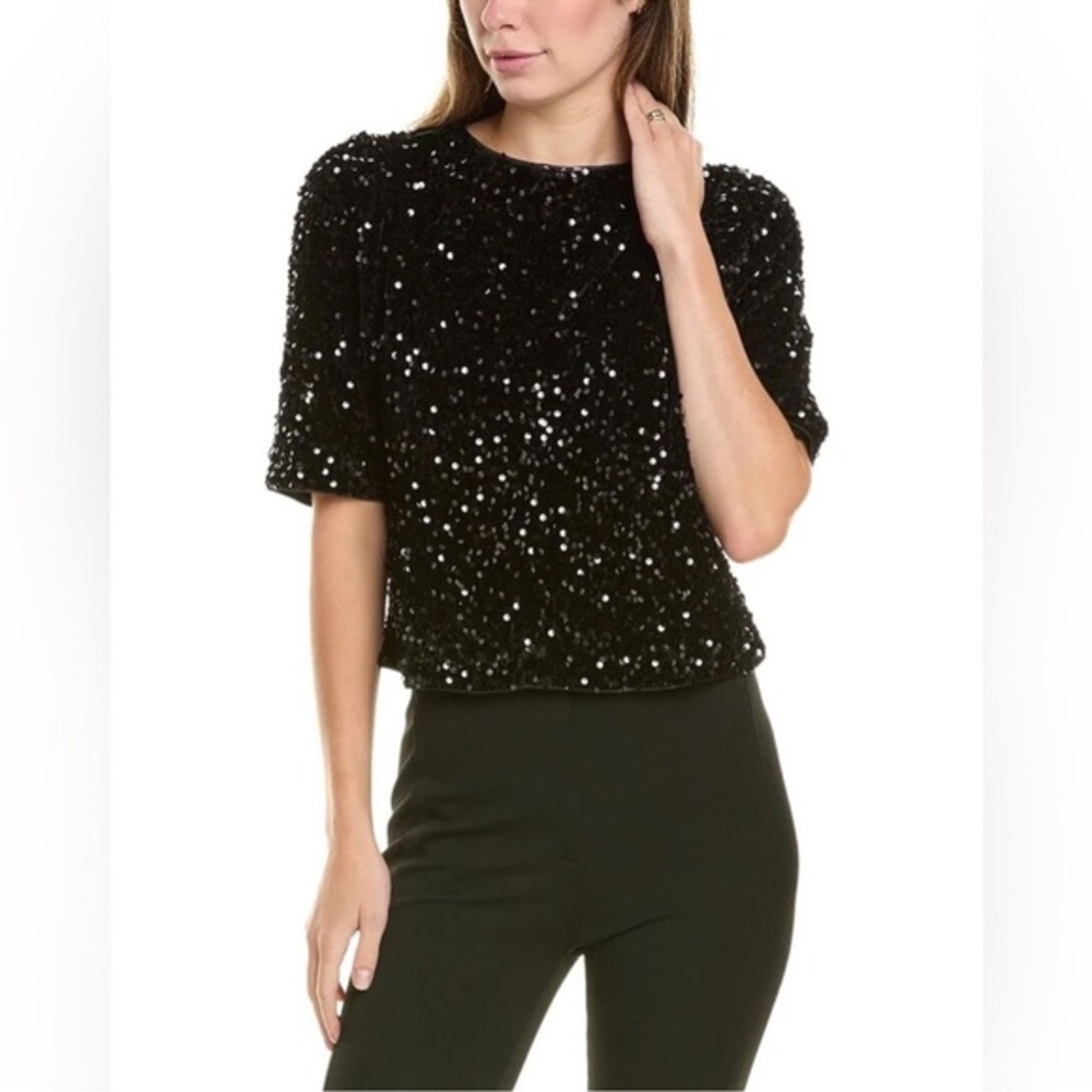 Nanette Lepore Velvet Sequins Black Short Sleeve Back Zipper  Party Bling Top XL
